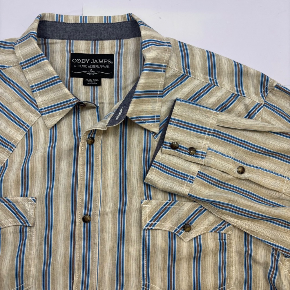 Cody‎ James Mens XXL Western Pearl Snap Shirt Blue Tan Striped Long Sleeve Yoke
